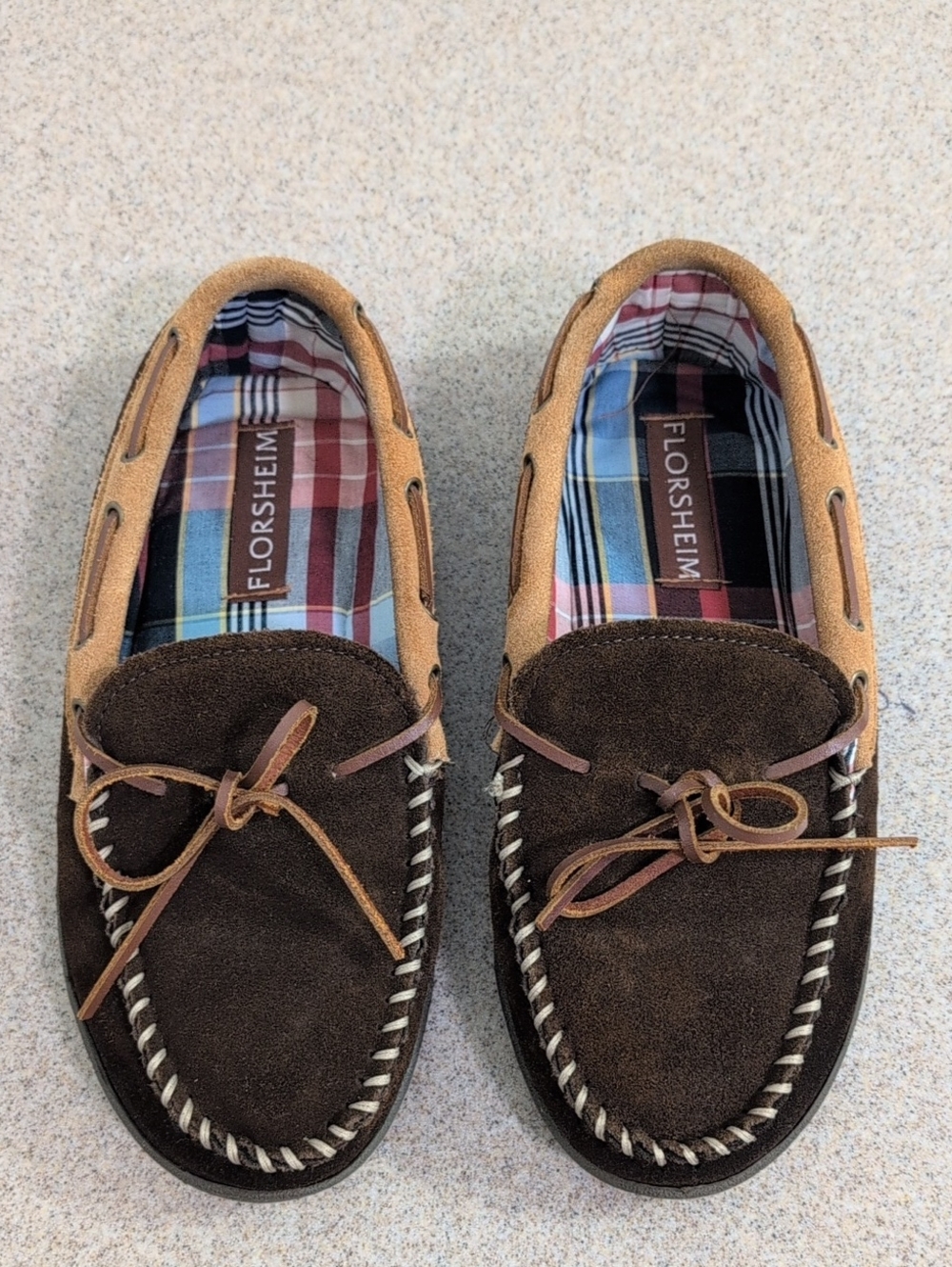 Florsheim Moccasin Slippers Shoes Brown Leather 4492385, Men's 11, Plaid Inside - Picture 2 of 10